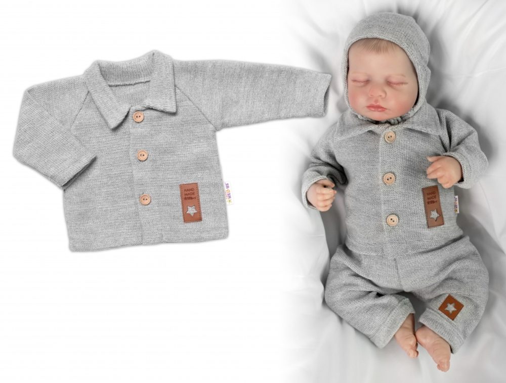 Baby Nellys Pletený svetřík s knoflíčky Boy, Baby Nellys, šedý, vel. 62 - 56 (1-2m)