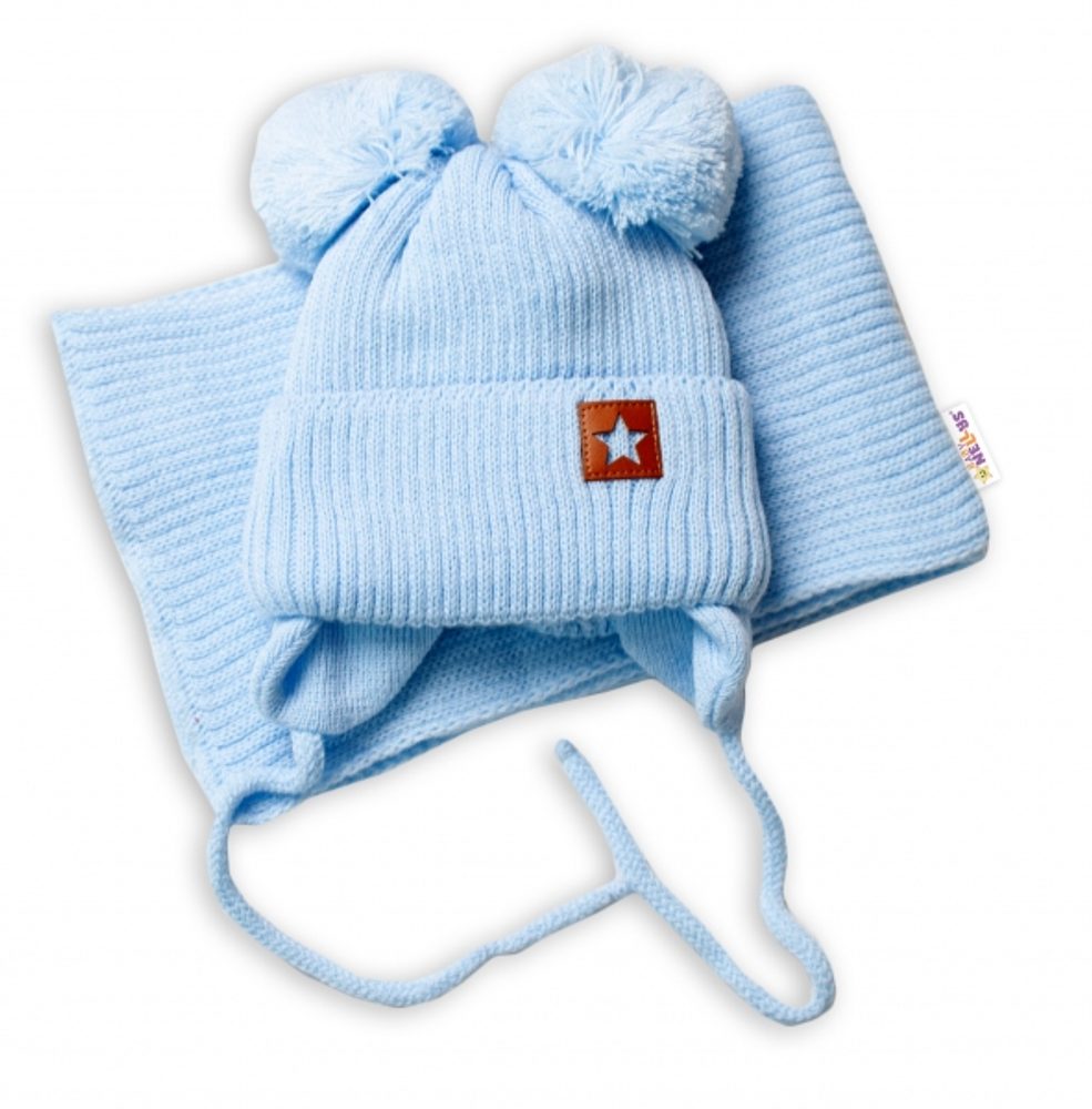 Baby Nellys Dětská zimní čepice s šálou STAR - modrá s bambulkami, vel. 68/80, BABY NELLYS - 56-68 (0-6 m)