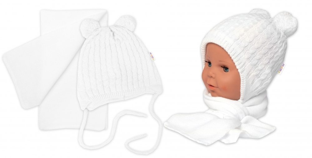 Baby Nellys Zimní čepice na zavazování s bambulky + šál, Baby Nellys - bílá, vel. 62/68