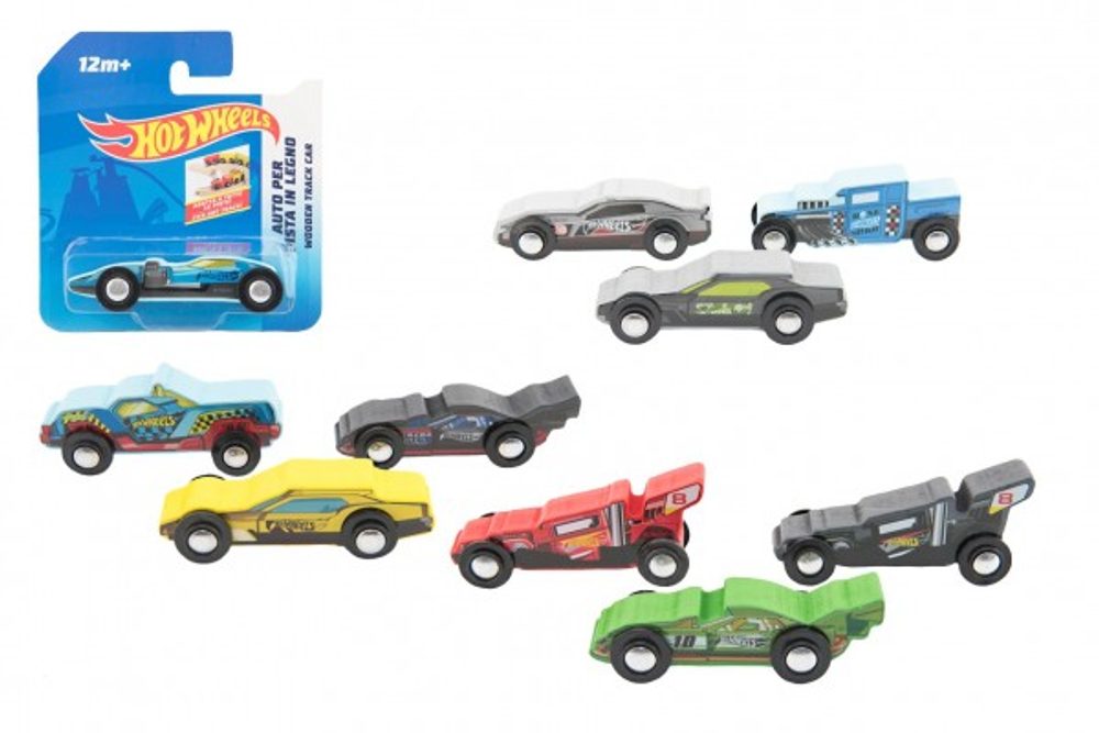 Teddies Auto/Formule Hot Wheels dřevěné 9cm mix druhů na kartě 12m+