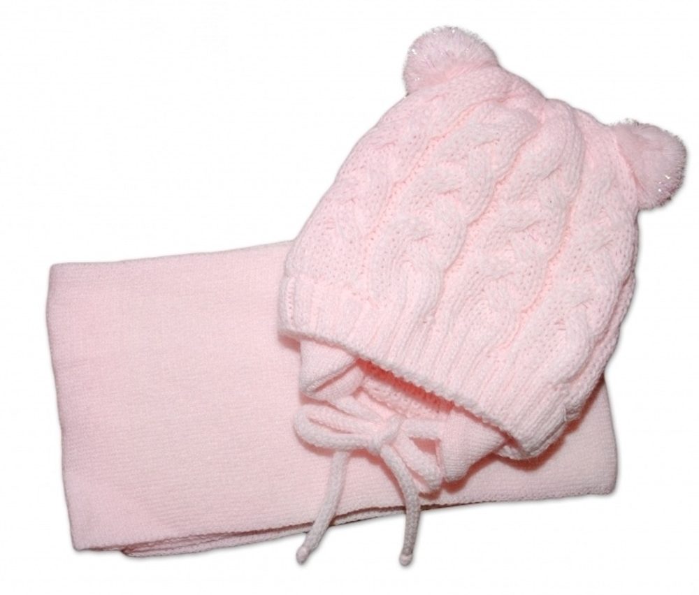 Baby Nellys Zimní pletená kojenecká čepička s šálou TEDDY - sv. růžová, vel. 62/68