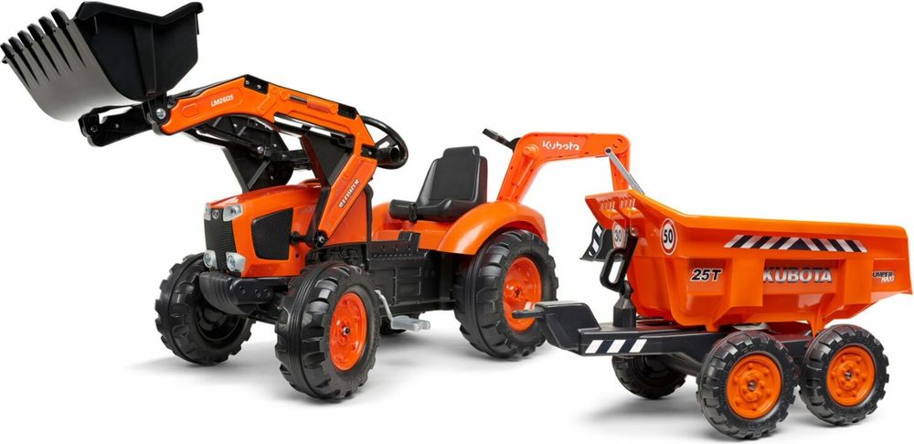 Falk šlapací traktor 2090W Kubota s přední a zadní lžící a přívěsem