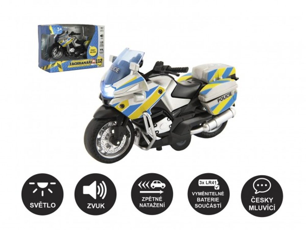 Teddies Motorka policejní 12cm kov/plast na zpětné nat. na baterie se světlem se zvukem CZ v krabičce 15x11