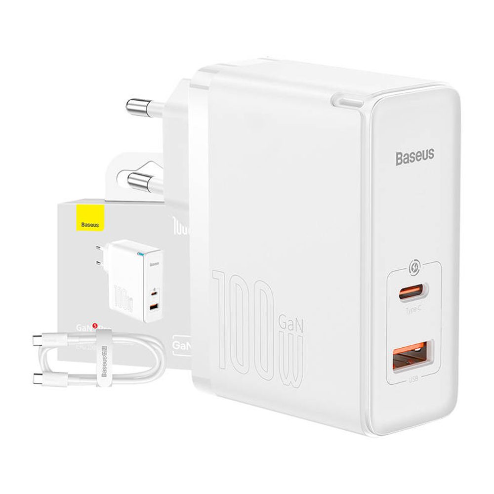 Baseus Nástěnná nabíječka Baseus GaN5 Pro USB-C + USB, 100W + 1m kabel (bílá)