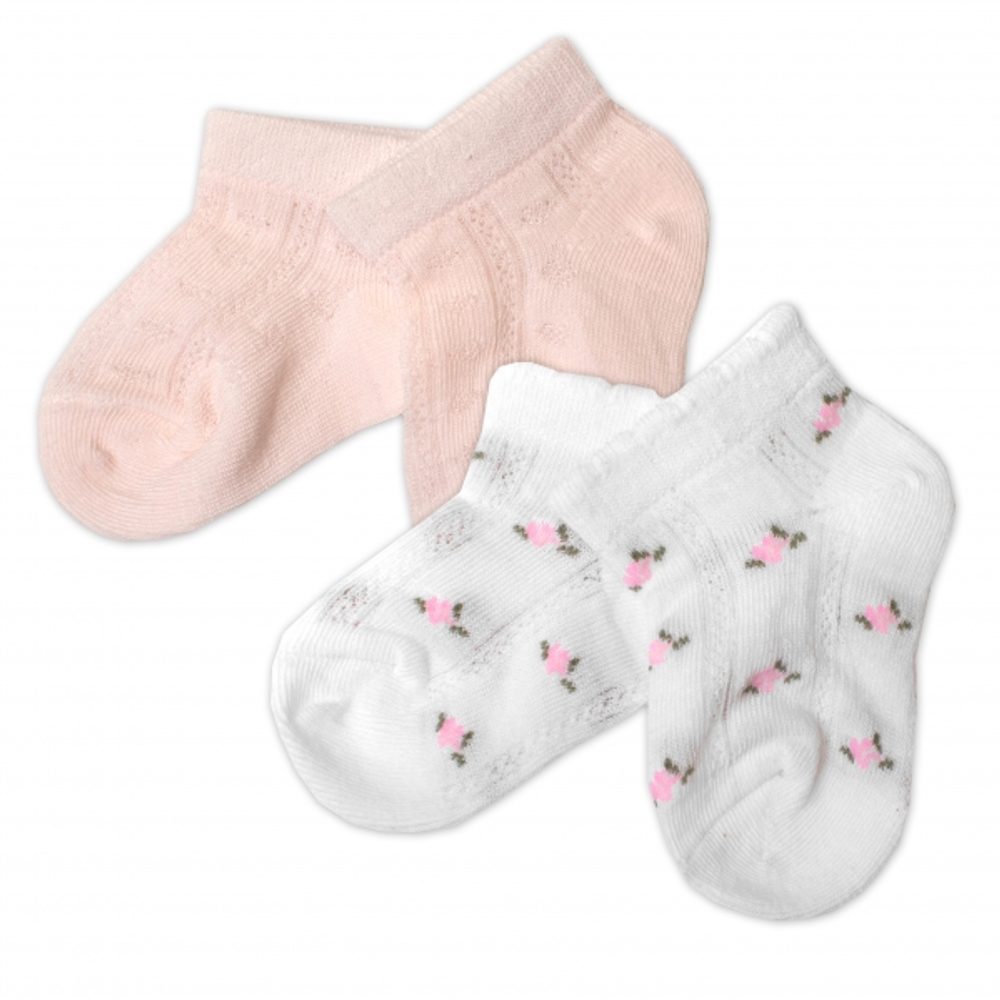 Baby Nellys Sada 2 párů žakarových ponožek - se vzorem, bílé s kytičkou, růžová se vzorem