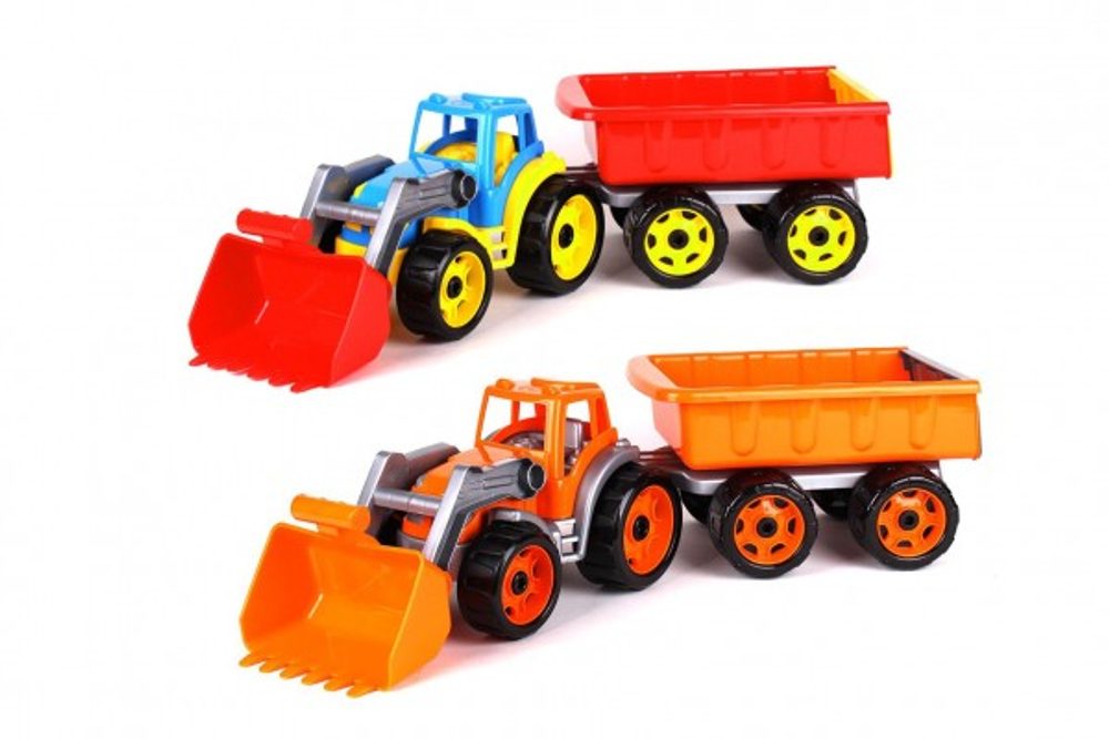 Teddies Traktor/nakladač/bagr s vlekem se lžící plast na volný chod 2 barvy v síťce 16x61x16cm