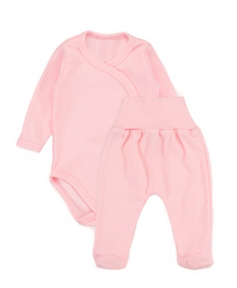 MBaby Zavinovací body dl. rukáv + polodupačky s žebrovaným vzorem, 2D sada MBaby, růžové - 62 (2-3m)