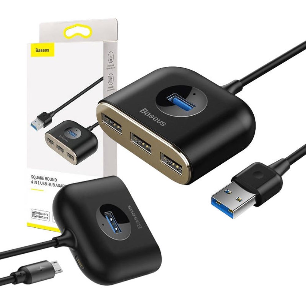 Baseus Square Round USB Adapter, HUB USB 3.0 na 1x USB 3.0 3x USB 2.0.1m - černý