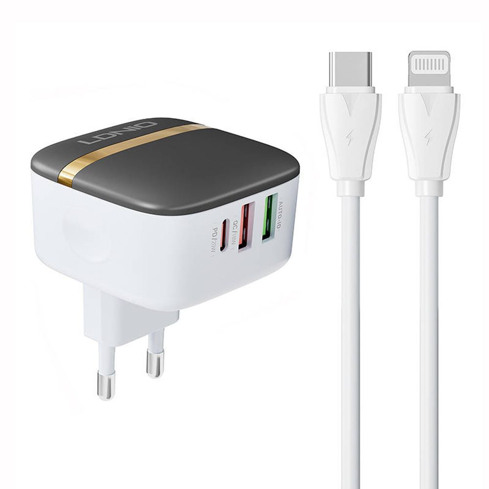 LDNIO Nástěnná nabíječka LDNIO A3513Q 2USB, USB-C 32W + kabel USB-C - Lightning