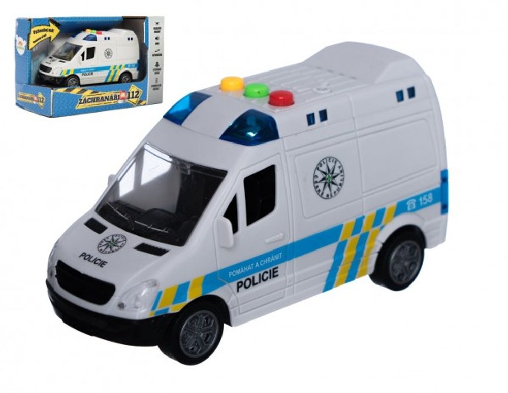 Teddies Auto policie dodávka plast 15cm na setrvačník na baterie se zvukem se světlem v krabici 19x13x9cm