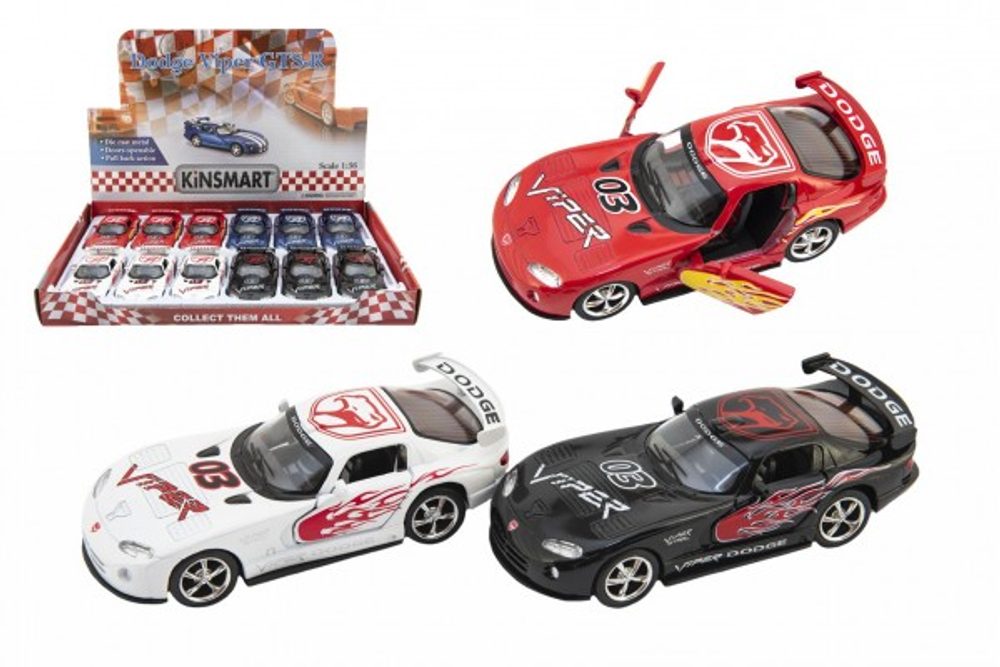 Teddies Auto Kinsmart Dodge Viper GTS-R 1:36 12,5cm kov/plast 4 barvy na zpětné natažení 12ks v boxu