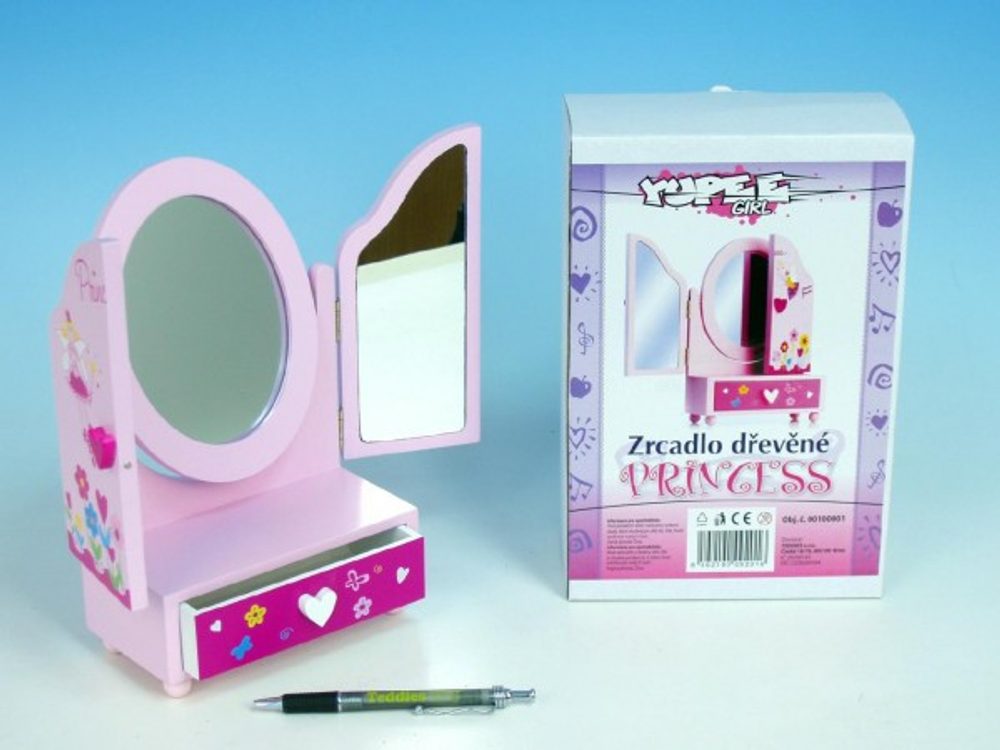 Teddies Zrcadlo šperkovnice Princess 3-dílné zásuvka dřevo 16x25x8cm v krabici
