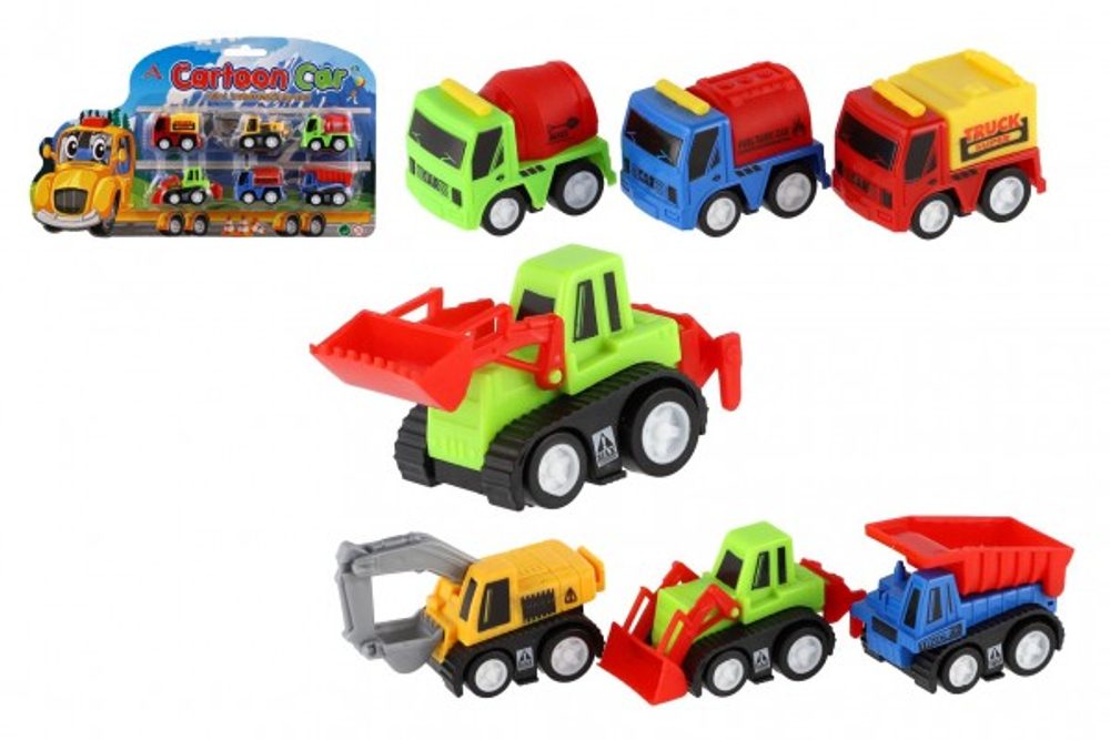 Teddies Auto stavební stroj mini 6ks plast 4,5-6cm na zpětné natažení na kartě 30x18x3cm