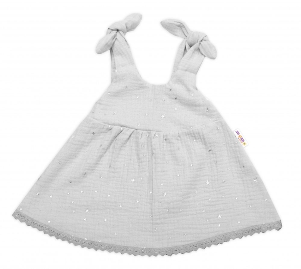 Baby Nellys Letní lehoučké mušelínové šaty Summer Stars - šedé, vel. 92/98 - 80-86 (12-18m)