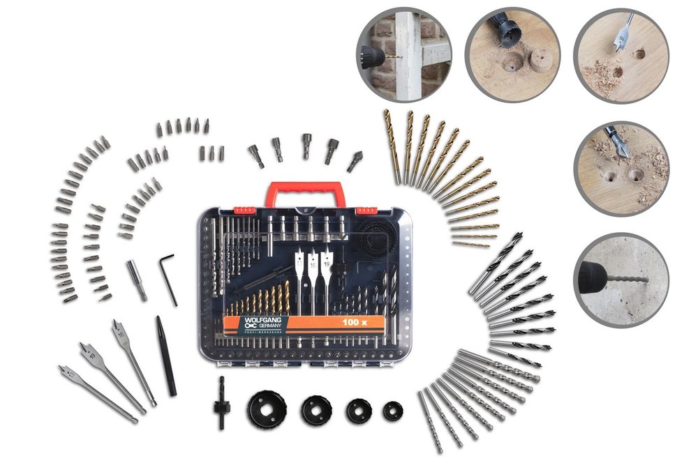 WOLFGANG TOOLS Sada vrtáků a bitů - 100 dílů