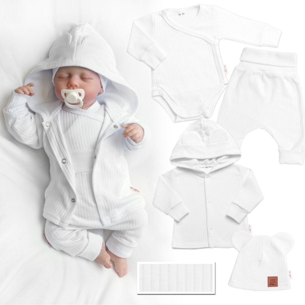 Baby Nellys Žebrovaná rostoucí souprava 4D, zavin. body, kalhoty, kabátek a čepička, bílá