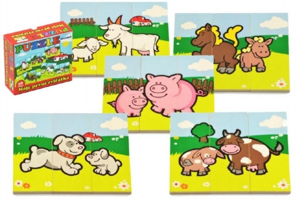 Teddies Puzzle Moje první zvířátka dřevěné 18 dílků pro nejmenší v krabičce 13x11,5x4,5cm 12m