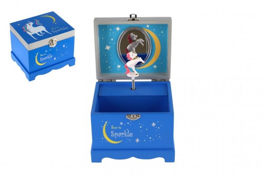Teddies Skříňka šperkovnice jednorožec hrající na natažení dřevo odklápěcí vrch modrá 12,5x10,5cm v krabičce