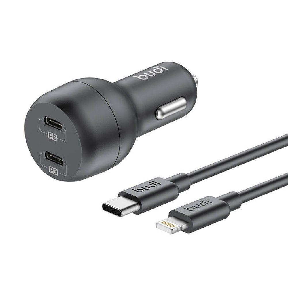 Budi Nabíječka do auta Budi, 2x USB-C, 40W, PD + kabel USB-C na Lightning (černá)