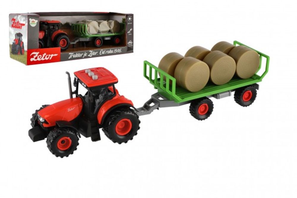 Teddies Traktor Zetor s vlekem a balíky plast 36cm na setrvačník na bat. se světlem se zvukem v krab. 39x13