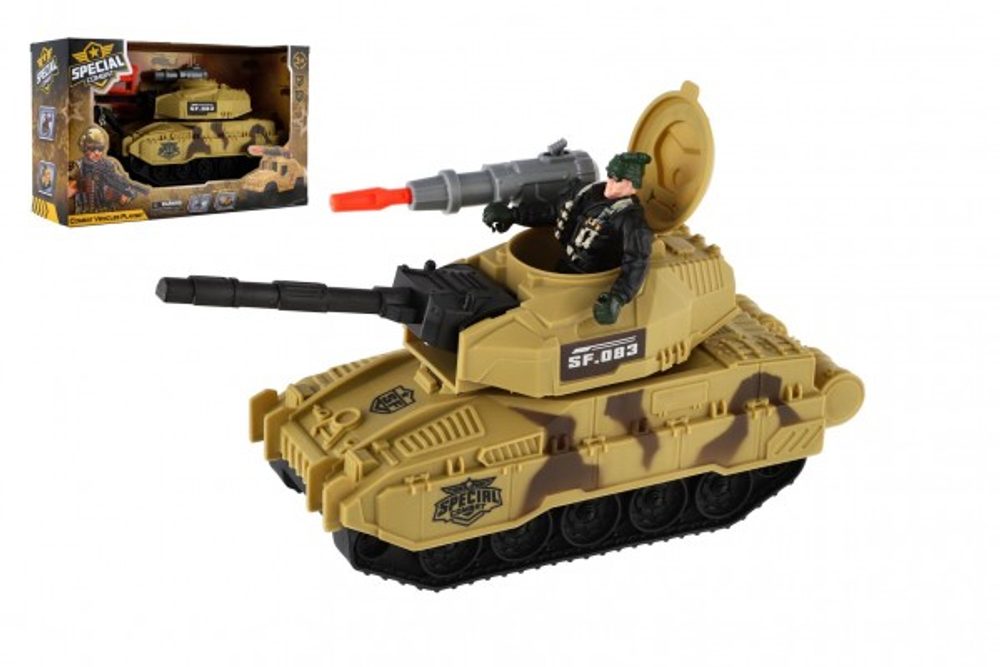 Teddies Tank s vojákem plast 8x24cm na volný chod v krabici 27,5x17x10cm