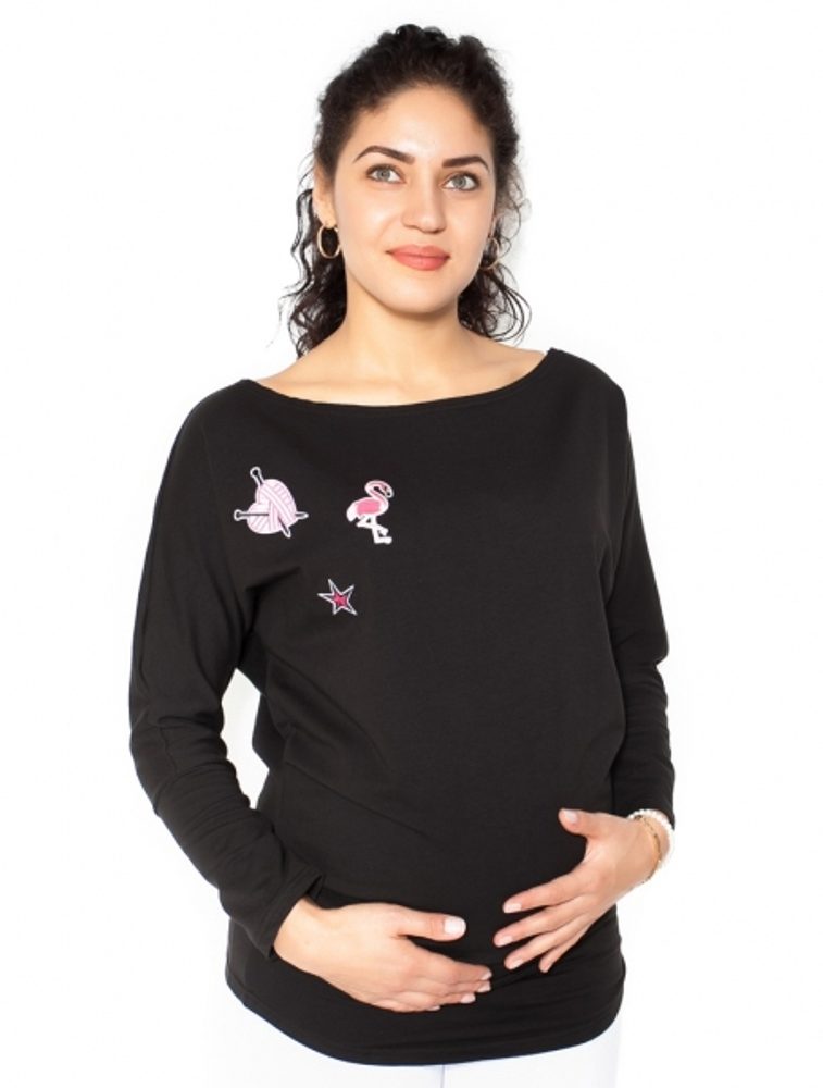 Be MaaMaa Těhotenská mikina, triko s nášivkami - černé - S - L (40)
