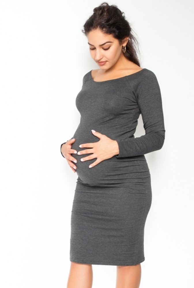 Be MaaMaa Pohodlné těhotenské šaty, dlouhý rukáv - grafitové, vel. M - L (40)