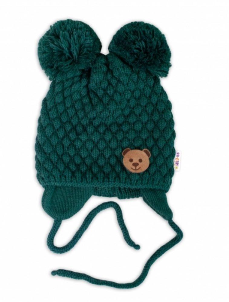 Baby Nellys Zimní pletená čepice Teddy Bear na zavazování, zelená, 68/80, (6-12m), Baby Nellys - 56-68 (0-6 m)