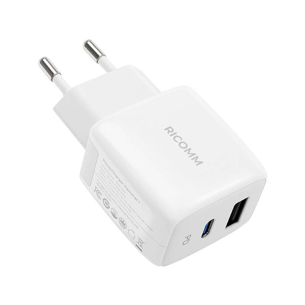 Ricomm Nástěnná nabíječka 25W PD Ricomm RC252 EU, 1xUSB-A, 1xUSB-C + 2,1m kabel USB-C