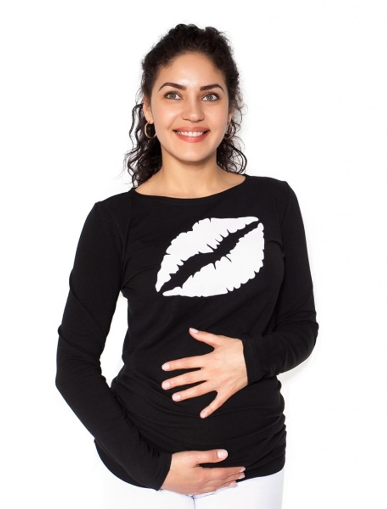 Be MaaMaa Těhotenské triko dlouhý rukáv Kiss - černé - XS (32-34)