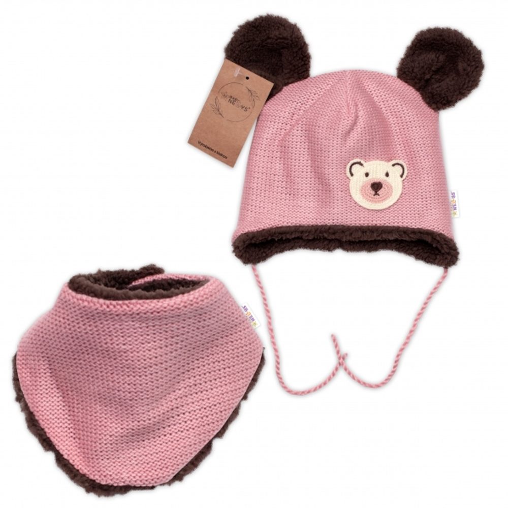 Baby Nellys Pletená zimní čepice s kožíškem a šátkem Teddy Bear, Baby Nellys, růžová - 80-86 (12-18m)