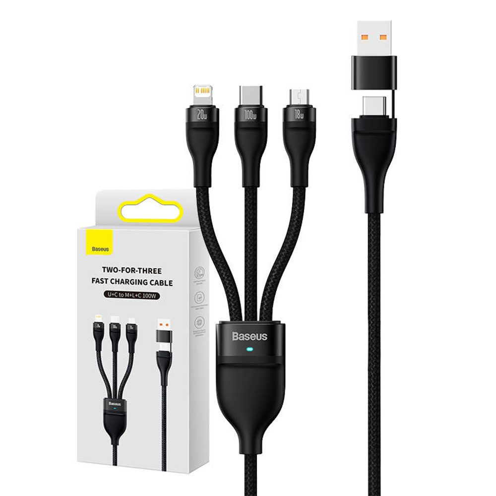 Baseus Kabel USB 3v1 Baseus Flash Series 2, USB-C + micro USB + Lightning, 100 W, 1,2 m (černý)