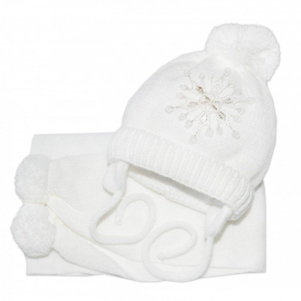 Baby Nellys Zimní čepička s šálou - Sněhová vločka v bílé, 0-6m, Baby Nellys - 56-68 (0-6 m)