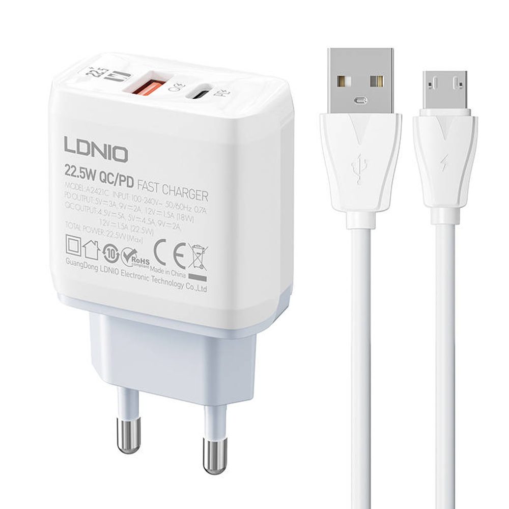 LDNIO Nástěnná nabíječka LDNIO A2421C USB, USB-C 22,5W + kabel MicroUSB