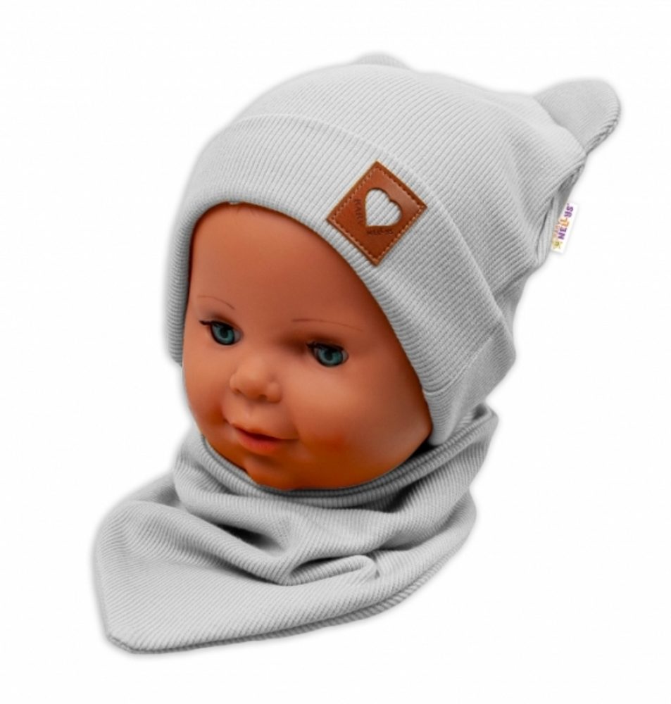 Baby Nellys Žebrovaná dvouvrstvá čepice s oušky + šátek TEDDY - šedá - 92-98 (18-36m)