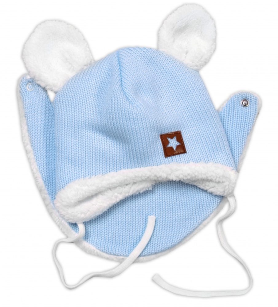 Baby Nellys Pletená zimní čepice s kožíškem a šátkem Star, modrá, vel. 68/74 - 68-74 (6-9m)