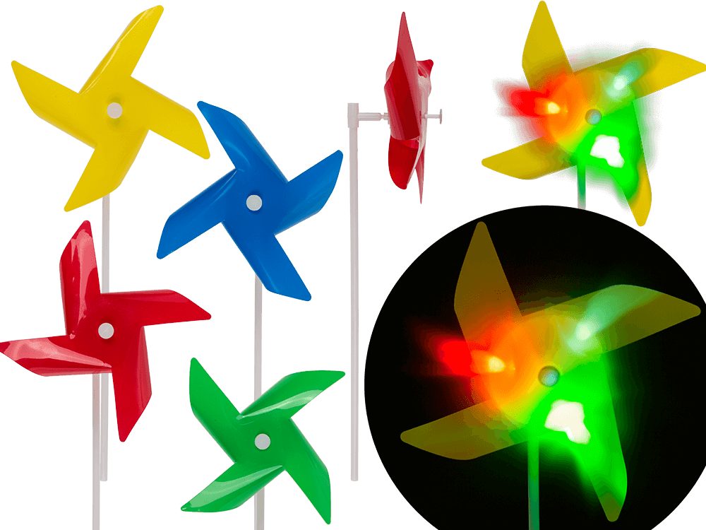 Barevný větrník s 3 LED, mění barvy, výška: 28 cm, na plastové tyčce, 4 různé barvy.
