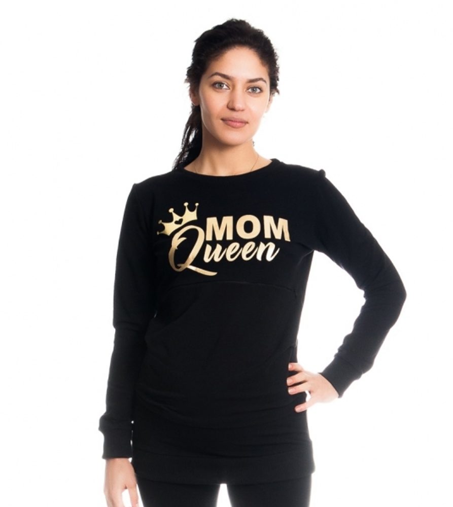 Be MaaMaa Těhotenské a kojící triko/mikina Mom Queen, dlouhý rukáv, černá, vel. L - L (40)