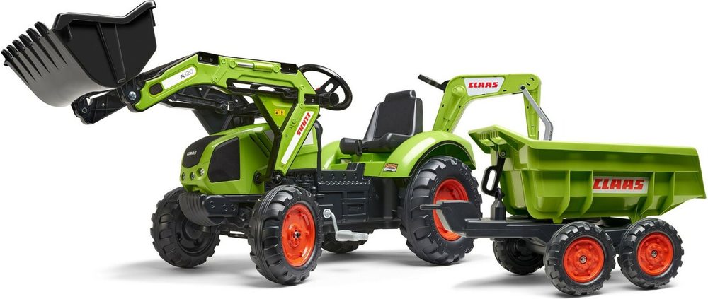 FALK šlapací traktor 2070W Claas backhoe s přední a zadní lžící a přívěsem