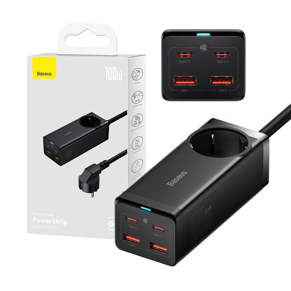 Baseus GaN3 Pro nástěnná nabíječka / napájecí pásek 2xUSB + 2xUSB-C + AC, 100 W (černá)