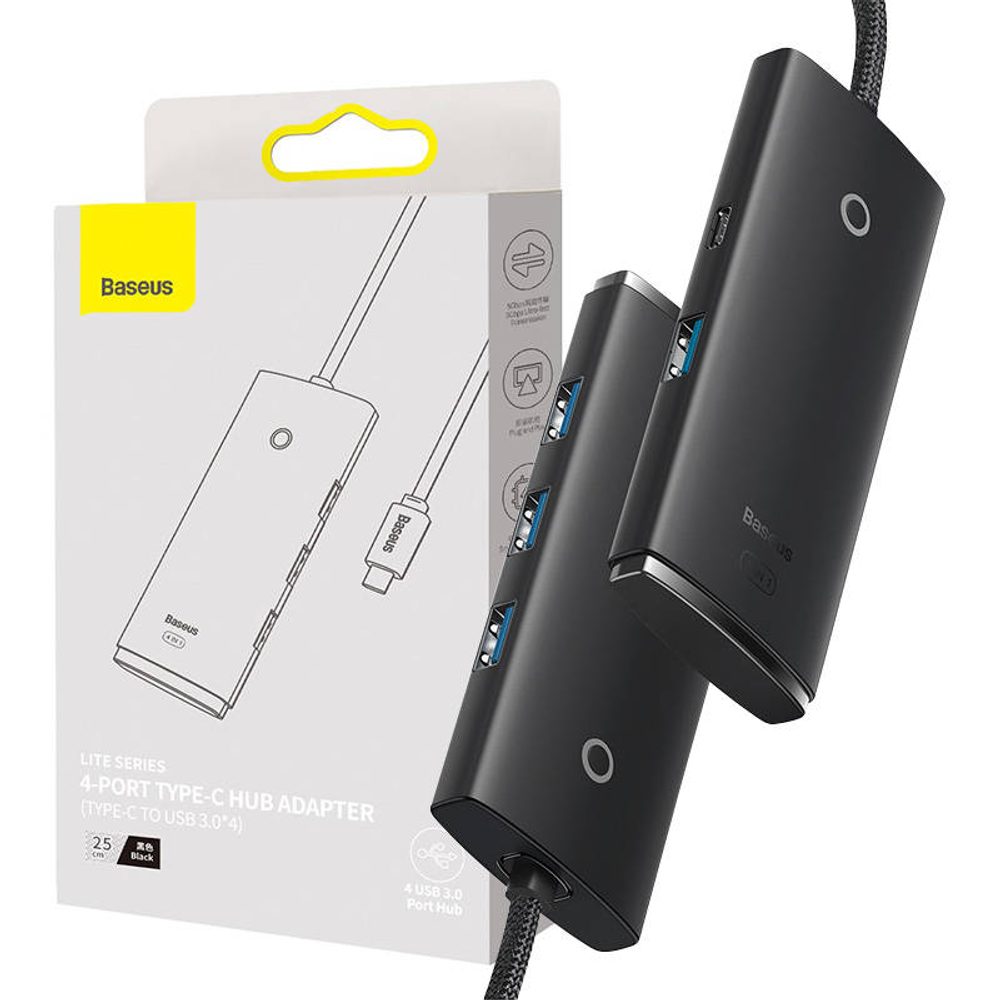 Baseus Rozbočovač řady Baseus Lite 4v1 USB-C na 4x USB 3.0 + USB-C, 25 cm (černý)