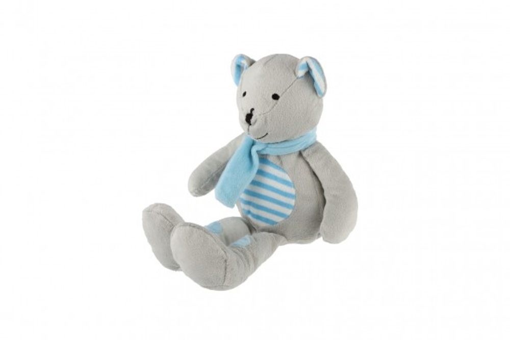 Teddies Medvěd/Medvídek sedící se šálou plyš 19cm šedivo-modrý v sáčku 0+