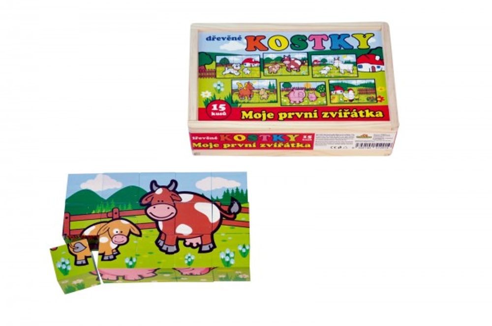 Teddies Kostky kubus Moje první zvířátka dřevo 15ks v dřevěné krabičce 20x13x5,2cm MPZ