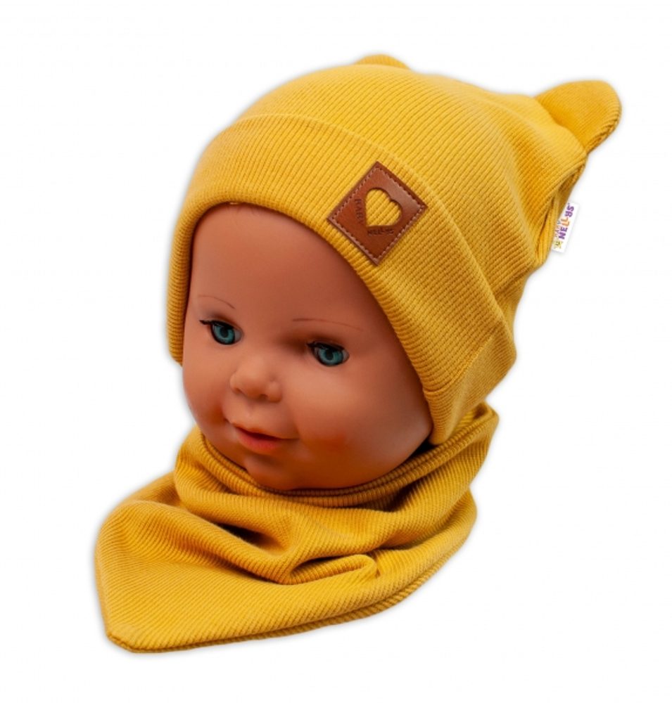 Baby Nellys Žebrovaná dvouvrstvá čepice s oušky + šátek TEDDY - hořčicová - 56-62 (0-3m)