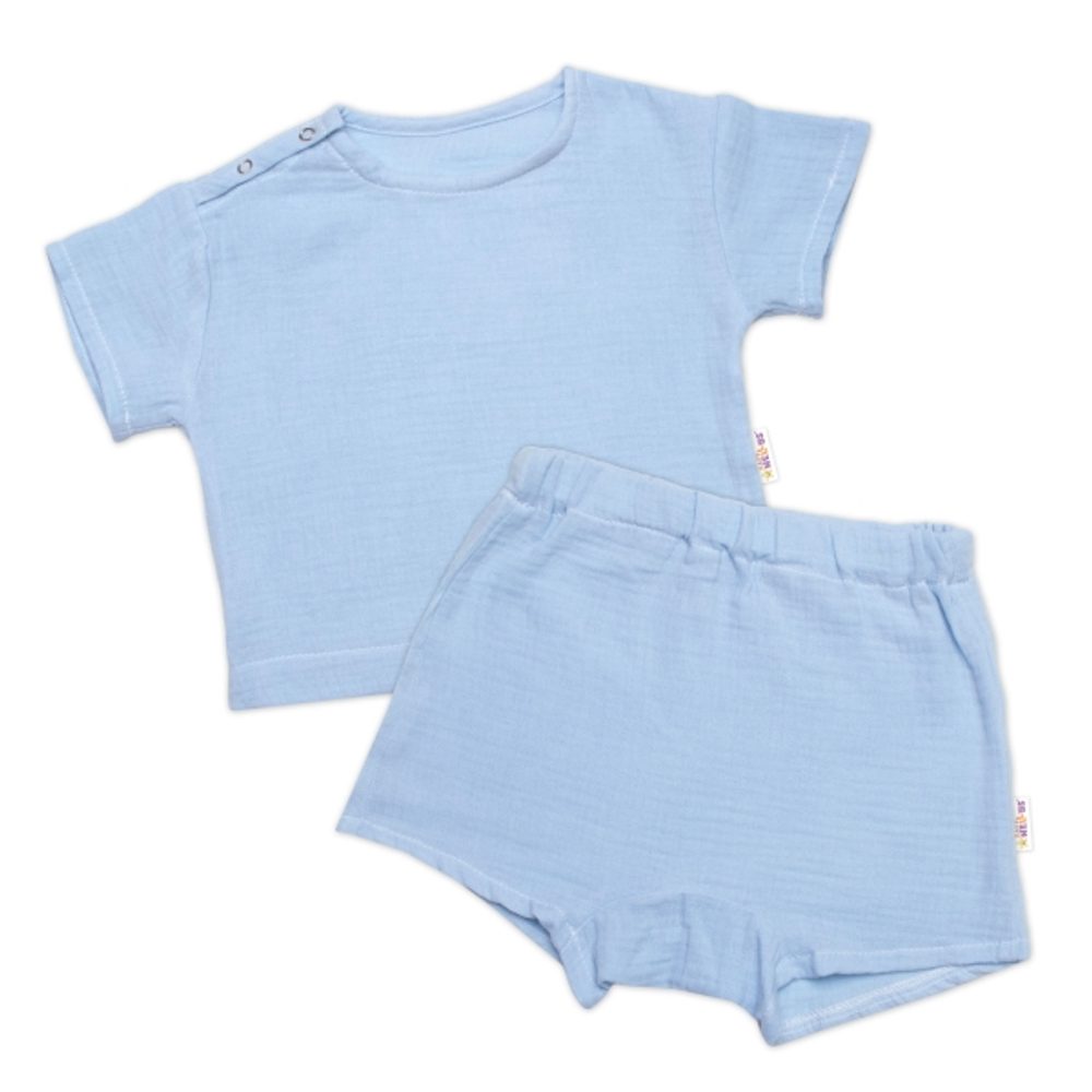 Baby Nellys Dětská letní mušelínová 2D sada tričko kr. rukáv + kraťasy, modré - 68-74 (6-9m)