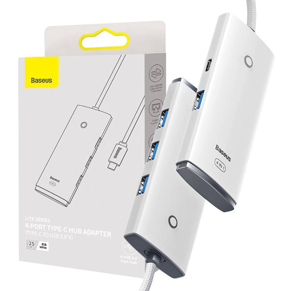 Baseus Lite Series Hub 4v1 USB-C na 4x USB 3.0 + USB-C, 25cm (bílý)