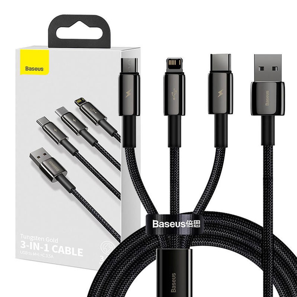 Baseus Kabel USB 3v1 Baseus Tungsten Gold, USB na micro USB / USB-C / Lightning, 3,5 A, 1,5 m (černý)