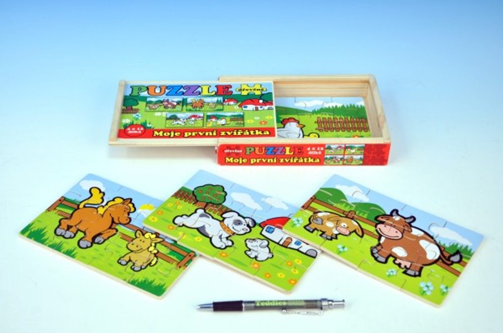 Teddies Puzzle dřevěné Moje první zvířátka 4x12 dílků 20x14x3,5cm v dřevěné krabičce od 24 měsíců MPZ