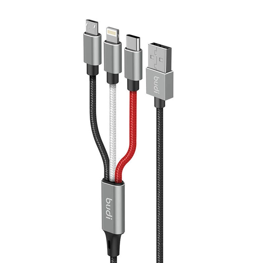 Budi Kabel 3 v 1 USB na Lightning / USB-C / Micro USB Budi 2,4 A, 1 m, opletený (černý)