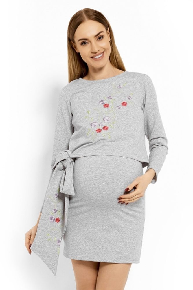 Be MaaMaa Elegantní těhotenské šaty, tunika s výšivkou a stuhou - sv. šedé (kojící) - L/XL